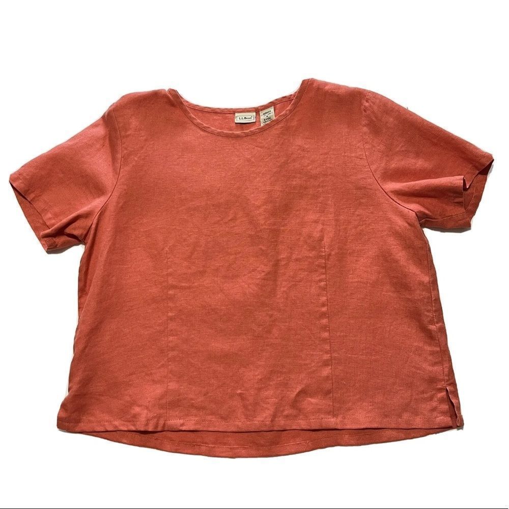 LL Bean 100% Linen Coral Orange short sleeve pullover shirt